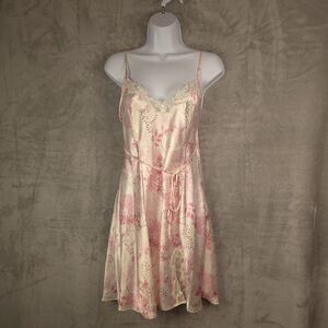 Vintage Adonna Y2K Satin Mini Slip Dress Size Med Floral Lace Trim Coquette